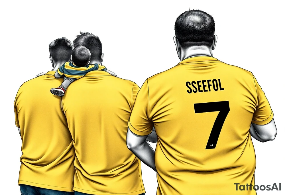 4 soccer fans from their backs, wearing yellow blue shirts. the second one from left having a kid on his shoulders, and he's rising a scarf.
the right one is older, more fat and shorter and wearing an shirt with the number 7 on it and has on his shoulders line like adidas tattoo idea