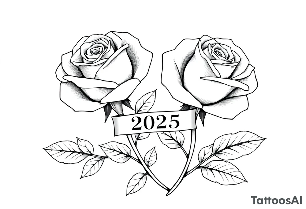 two beautiful large rose buds, one larger than the other, with many leaves next to the rose buds, with one sitting higher than the other. Include a banner connecting the two roses with the year "2025" on it.   Use dark outlines with little shading. The two stems should be short, not long, and connect and join into one stem, whimsically curved or twisted - not straight down. tattoo idea