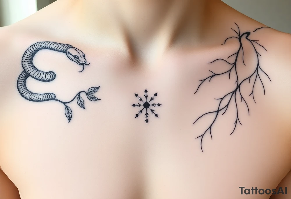 "Design a symbolic, artistic black-ink chest tattoo that spans both collarbones. On the left collarbone, depict a snake gracefully wrapped and coiled around the bone, its head resting near the center of the chest. From the snake’s mouth, instead of venom, delicate leaves are flowing outward — symbolizing letting go, surrender, and release. In the center of the chest, where the sternum lies, include subtle symbolic elements representing trust in the universe — like stars, a tiny spiral, or a soft sunburst — signifying alignment and faith. On the right collarbone, continue the story: flowing lines or abstract shapes that radiate resilience, strength, and hope — suggesting a journey or upward growth, like branches or a phoenix rising. The style should be elegant, fine-line, and minimalistic, yet deeply artistic and symbolic. The design should blend with the natural shape of the collarbones and sternum, evoking quiet power and inner transformation. Light skin tone, soft natural lighting." tattoo idea