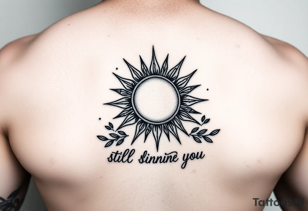 Fine line, rib tattoo, including a sun and olive branches. The words “still shining above you” in it tattoo idea