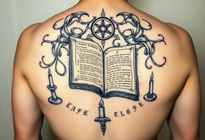 Ancient grimoire levitating above occult runes and candles showing an invocation spell on its pages tattoo idea