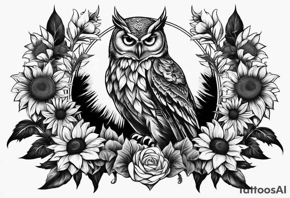 Owl with sunflowers leg sleeve tattoo idea