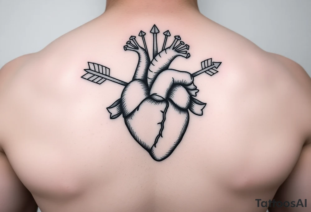 anatomical heart pierced by ornate arrow with flowing ribbons tattoo idea