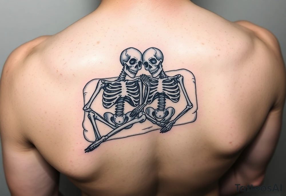 2 skeletons lying in a bed together in a traditional style tattoo idea
