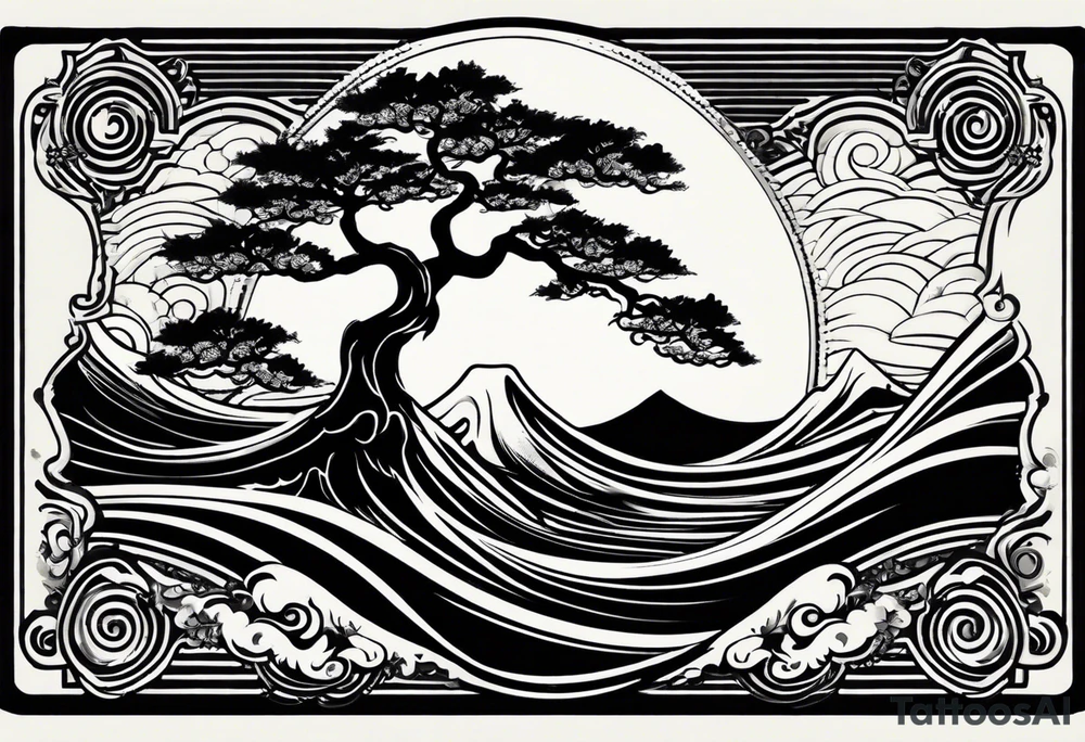 an abstract Tree of life tattoo design. Black and white. It should have roots growing out of the bottom. The roots slowly transform into water waves from the great wave by Hokusai. A golf ball should be placed discreetly. Like in the place of a moon. 2 license plate tags should be hanging from the tree. Place a few music notes. The letters A U should be engraved into the tree trunk in a heart tattoo idea