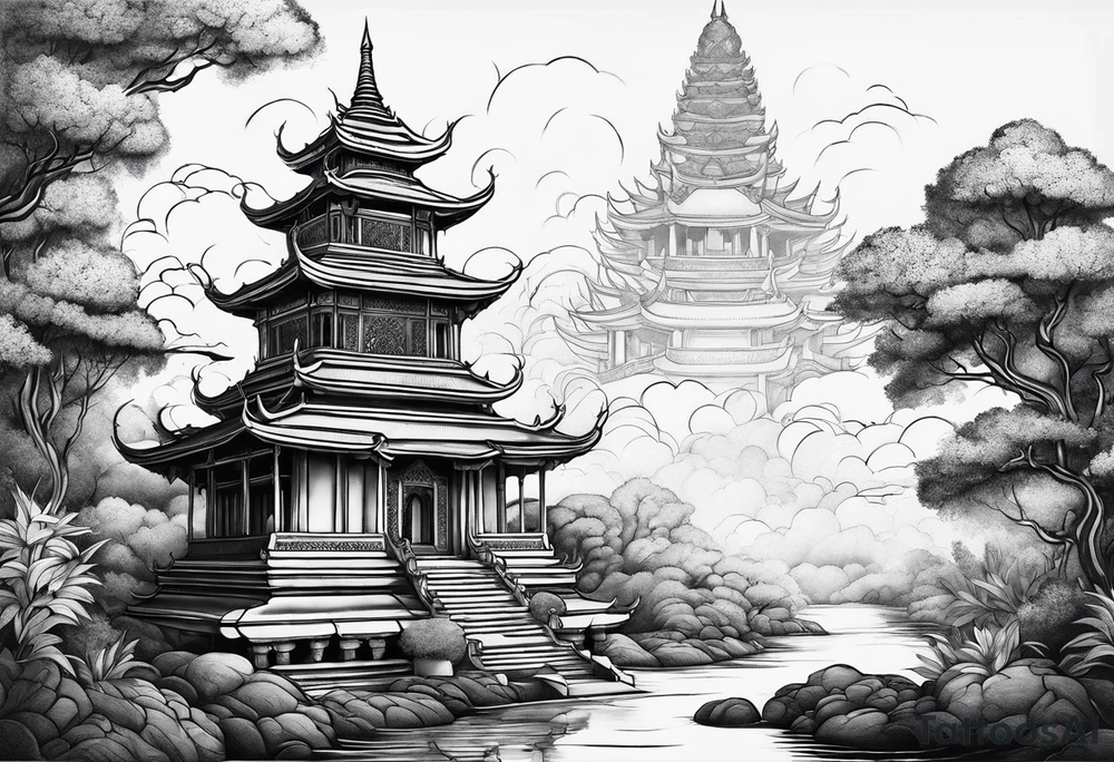 thai temple but minimalistic and remove any background like trees and clouds tattoo idea