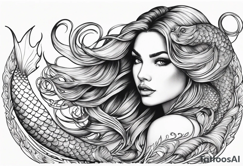 sexy goddess mermaid with flowing hair and long flowing tail with scales tattoo idea