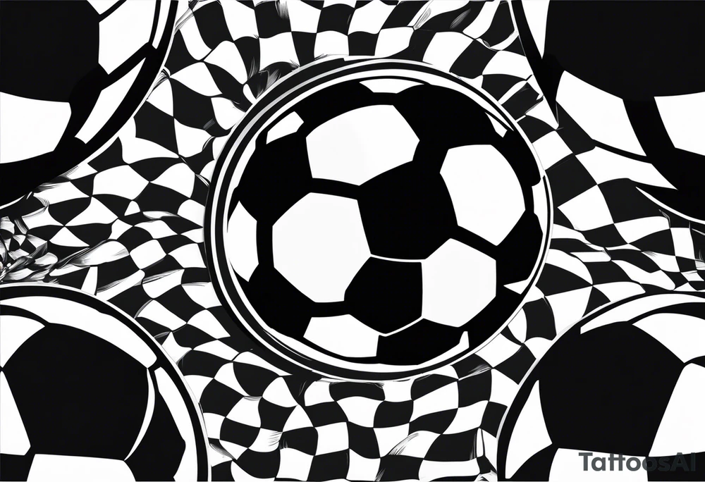 Un tatuaje en blanco y negro de un rayo estilizado que atraviesa la imagen en diagonal. Dentro del rayo, hay un balón de fútbol, manteniendo el mismo estilo de cómic con líneas gruesas y sombreados. El diseño debe conservar la misma disposición y sensación de movimiento, con el balón de fútbol ocupando el lugar central dentro del rayo. tattoo idea