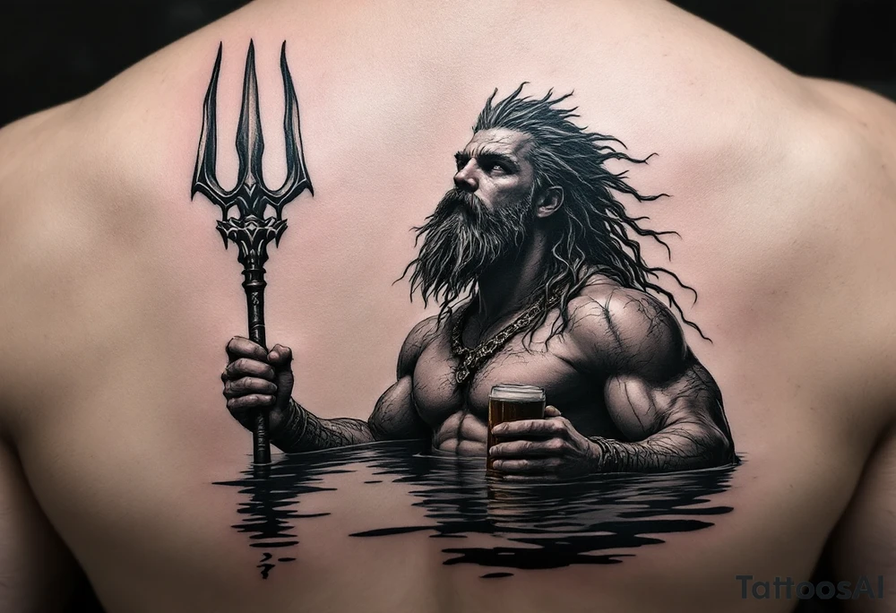 young, fit poseidon in calm water, holding a trident, holding a beer, looking at the sky tattoo idea