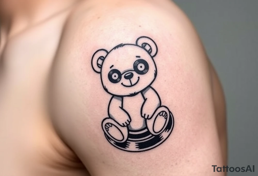 minimalist teddy bear with vinyl records as eyes smiling and sitting on a record tattoo idea