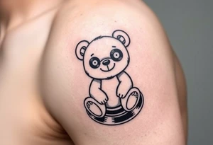 minimalist teddy bear with vinyl records as eyes smiling and sitting on a record tattoo idea