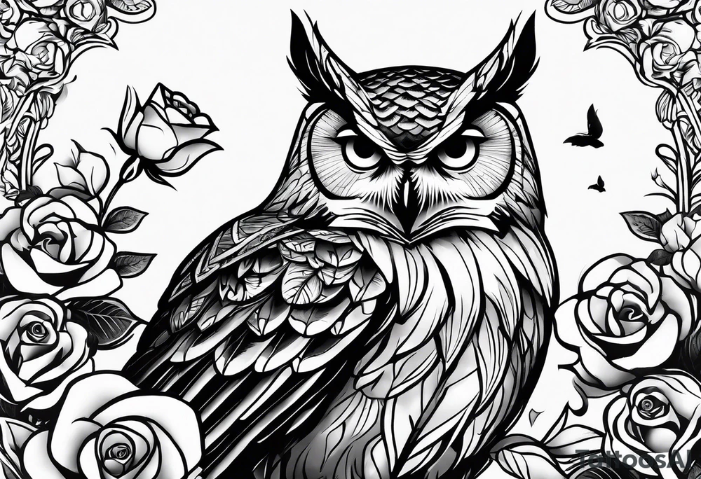 An owl, a rose, a paw print tattoo idea