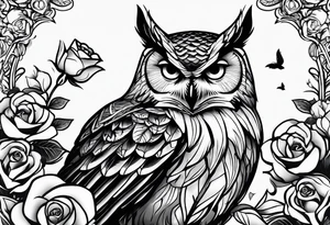 An owl, a rose, a paw print tattoo idea
