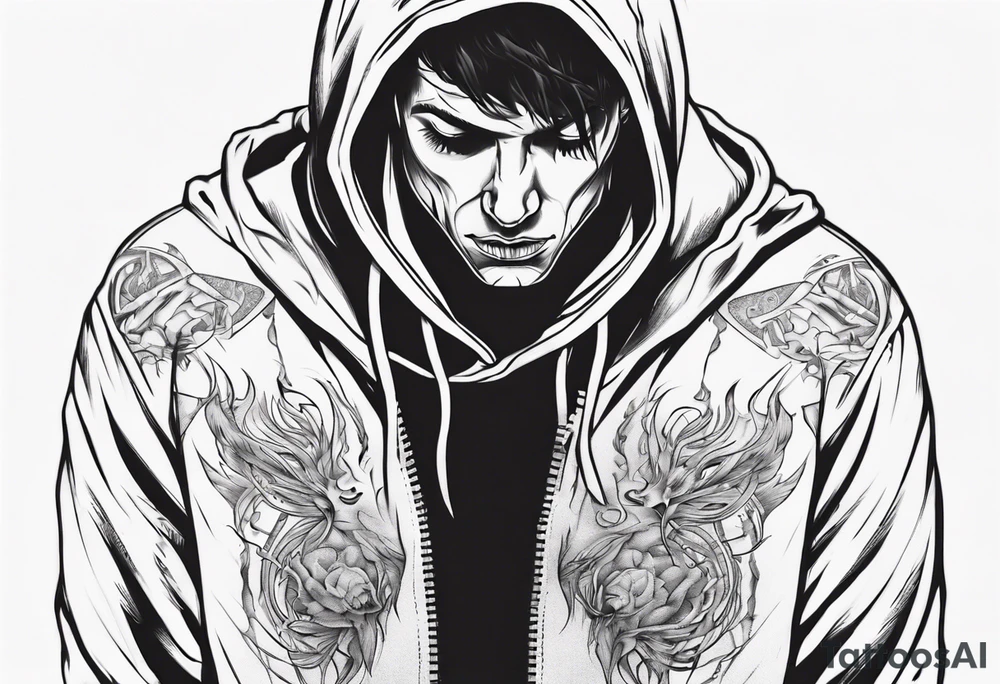 A human in a hoodie, looking down. tattoo idea