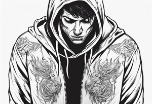 A human in a hoodie, looking down. tattoo idea