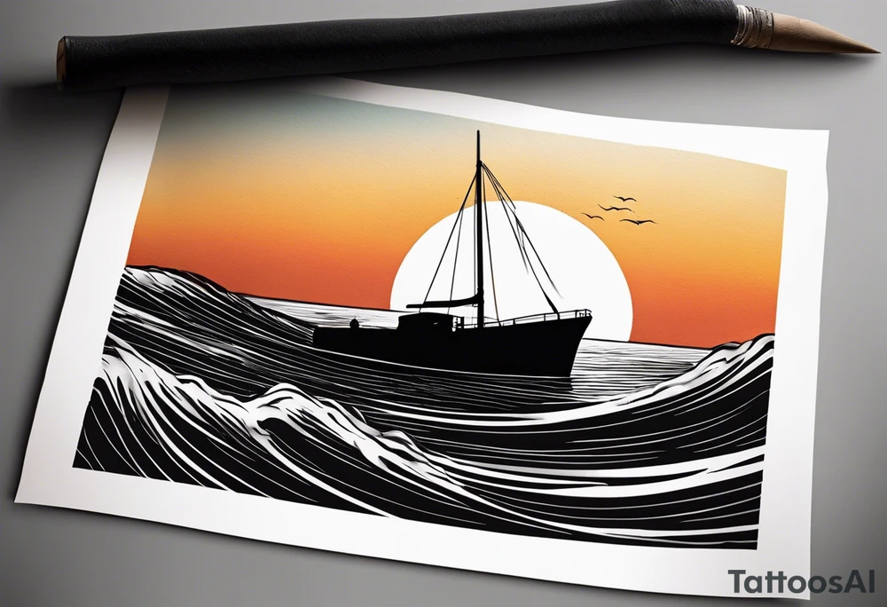 Sunset from the perspective of being on a boat on the ocean. The waves are very calm and there is no land in site. There are slight reflections of the sun on the water. The tattoo will be in landscape orientation on the forearm, rought 3 inches wide and 2 inches tall. The style is incredibly minimal and simple. Mostly black with small splashes of color from the sun. There are no other objects in the tattoo besides the sun, water, and maybe some clouds and a bird or two, tattoo idea