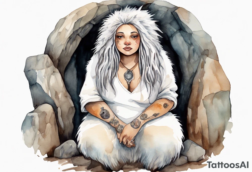 a solitary plump mole woman with large round eyes, covered in white fur with  brown dreadlocks sitting in stone throne in a cave tattoo idea