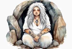 a solitary plump mole woman with large round eyes, covered in white fur with  brown dreadlocks sitting in stone throne in a cave tattoo idea