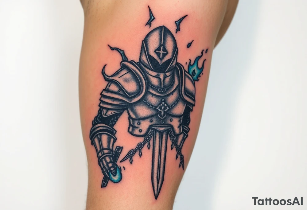 A cursed Templar knight, his armor cracked and oozing dark energy, with eerie blue flames flickering around him tattoo idea