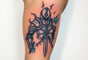 A cursed Templar knight, his armor cracked and oozing dark energy, with eerie blue flames flickering around him tattoo idea