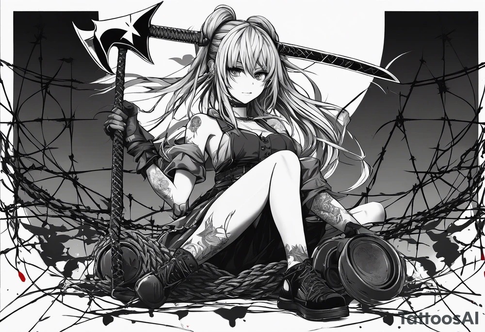 a bleeding anime girl holding an axe, sitting on a ball, surrounded by barbed wire tattoo idea