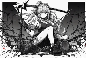 a bleeding anime girl holding an axe, sitting on a ball, surrounded by barbed wire tattoo idea