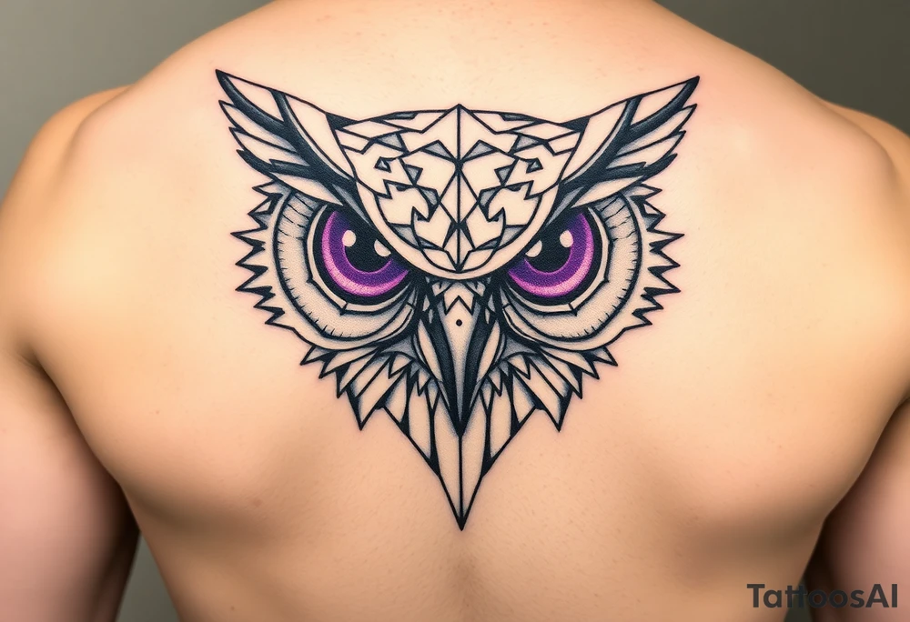 Geometric Owl head with large intense tripping purple eyes without pupils, tattoo idea