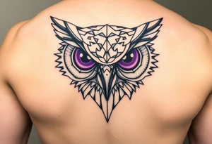 Geometric Owl head with large intense tripping purple eyes without pupils, tattoo idea