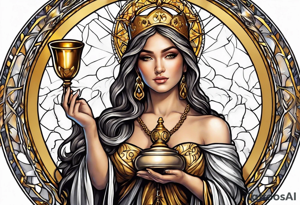woman saint holding chalice surrounded by golden halo portrait tattoo idea