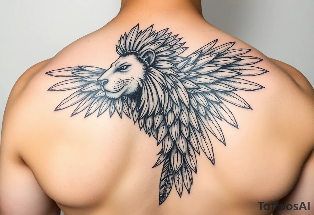 powerful majestic lion quetzal bird with long feathers and mayan tribal signs tattoo idea
