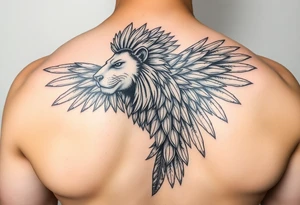 powerful majestic lion quetzal bird with long feathers and mayan tribal signs tattoo idea