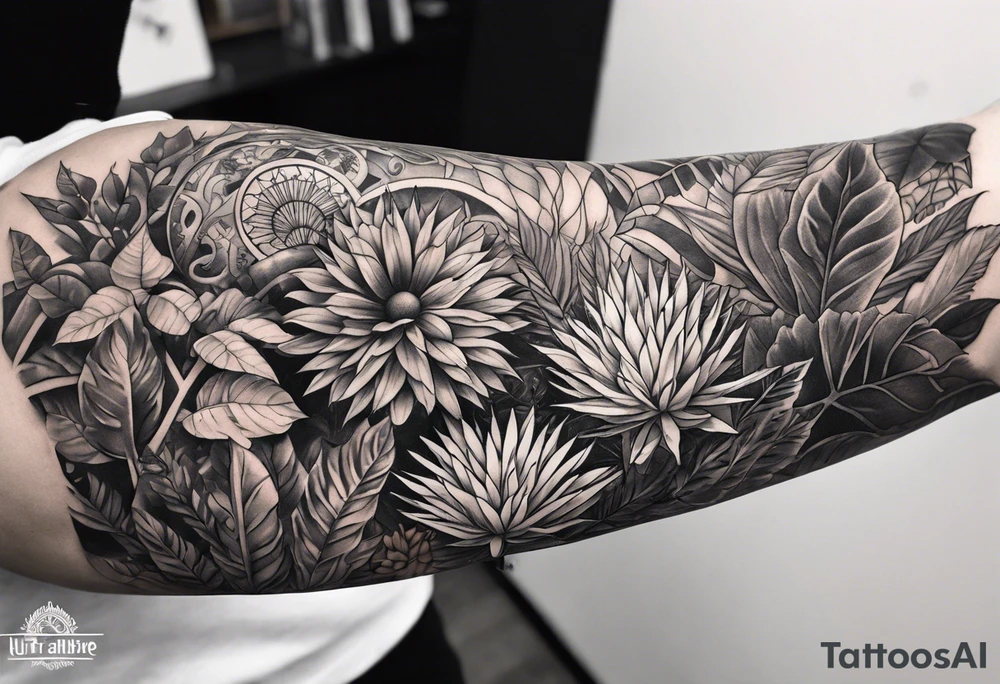 full arm sleeve tattoo with all-seeing eye and jungle plants tattoo idea