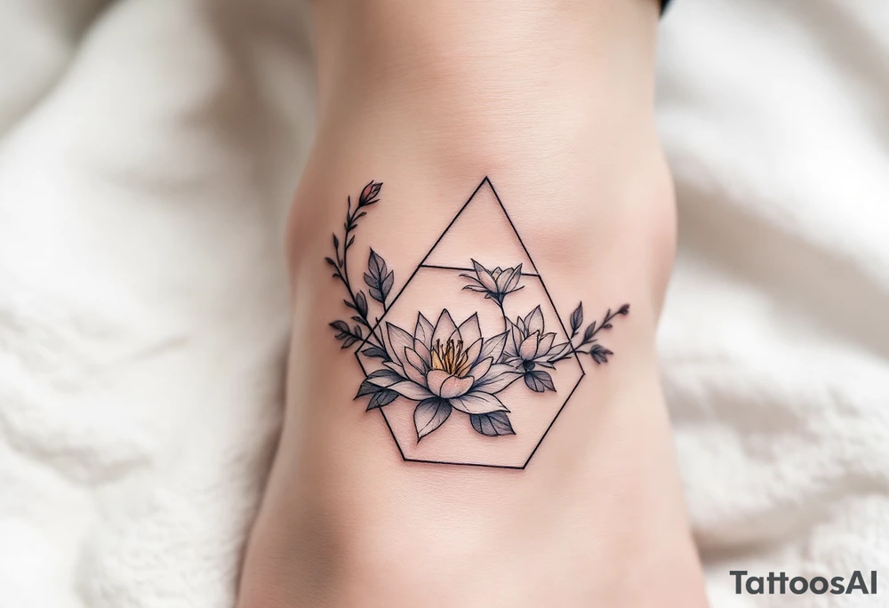 Faint Hexagon with Leo, larkspur and water lilies in the center tattoo idea