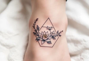 Faint Hexagon with Leo, larkspur and water lilies in the center tattoo idea