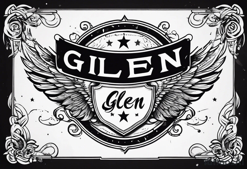 A simple tattoo with the word Glenn on a banner with angel Wings tattoo idea