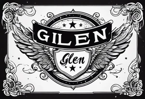 A simple tattoo with the word Glenn on a banner with angel Wings tattoo idea