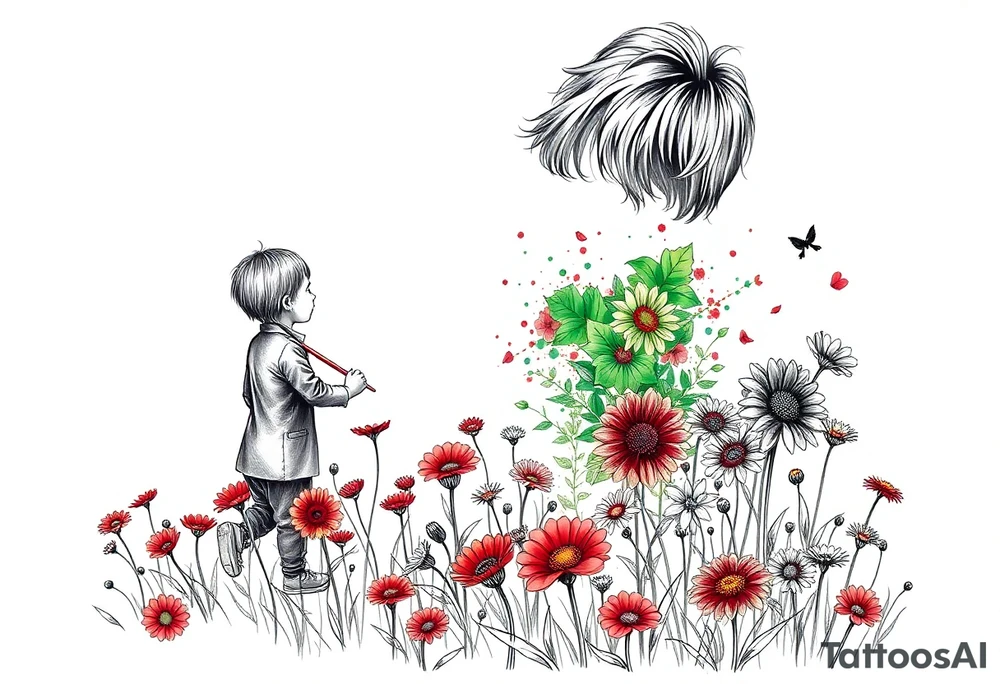 Concept:
A child holding a paintbrush, painting a field of flowers. The flowers are initially all red and green, but as the child moves forward, a burst of multicolored flowers begins to bloom, symbolizing creativity and breaking free from rigid rules. Behind the child, a shadowy figure (representing the strict teacher in the song) watches with crossed arms. The phrase "There are so many colors in the rainbow" could be subtly written in the design, blending into the artwork. tattoo idea