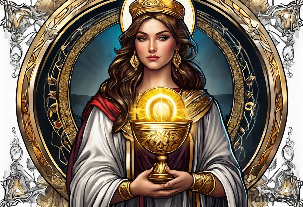woman saint holding chalice surrounded by golden halo portrait tattoo idea