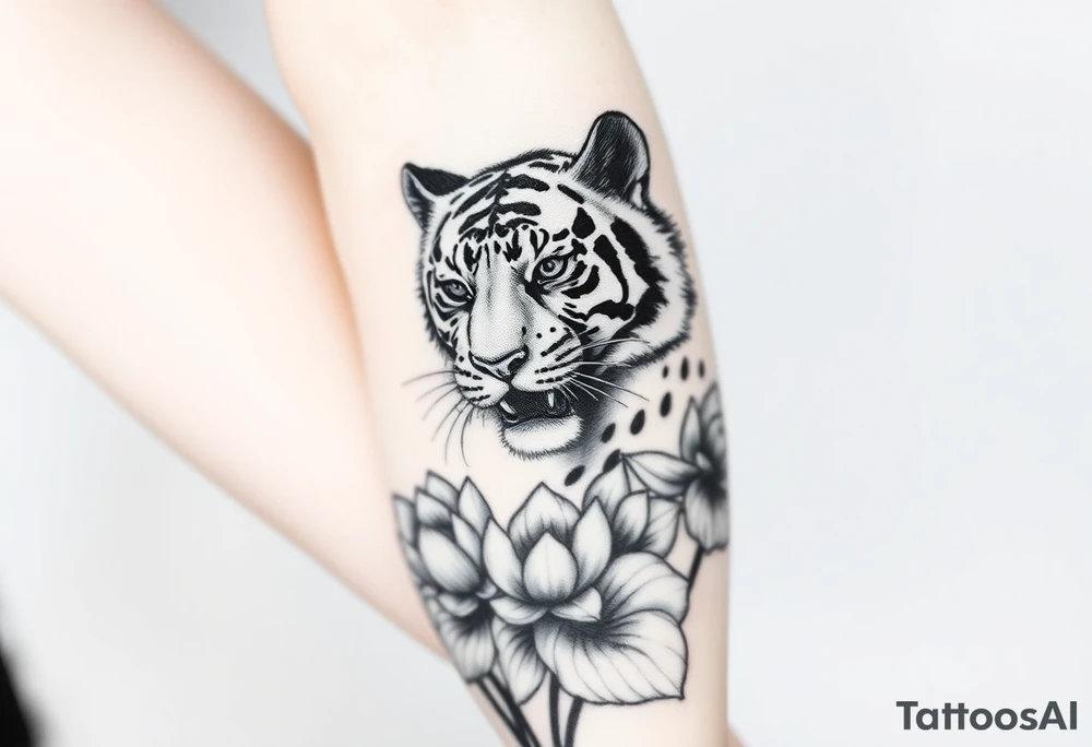 fierce tiger emerging through blooming lotus flowers in mist tattoo idea