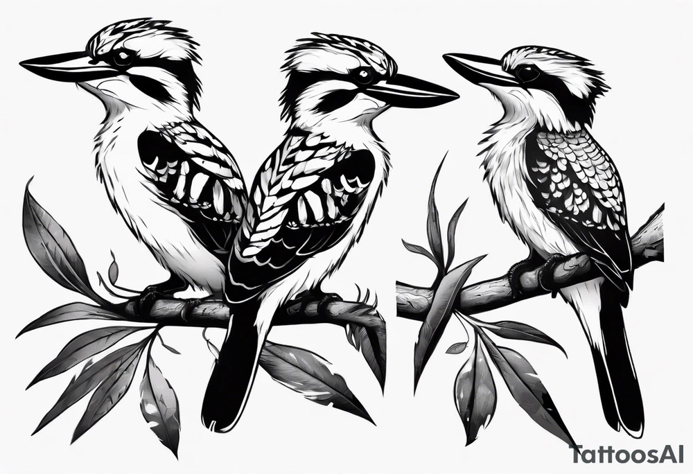 Small kookaburra sitting on wattle leaves tattoo idea