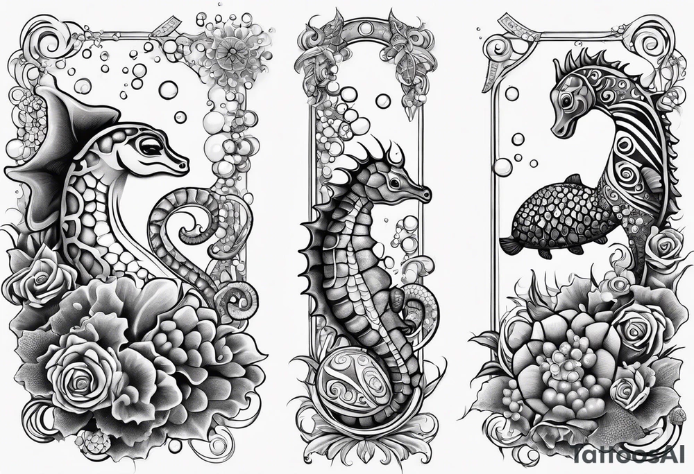 Small Starfish, Seahorse and turtle in a vertical line with bubbles tattoo idea