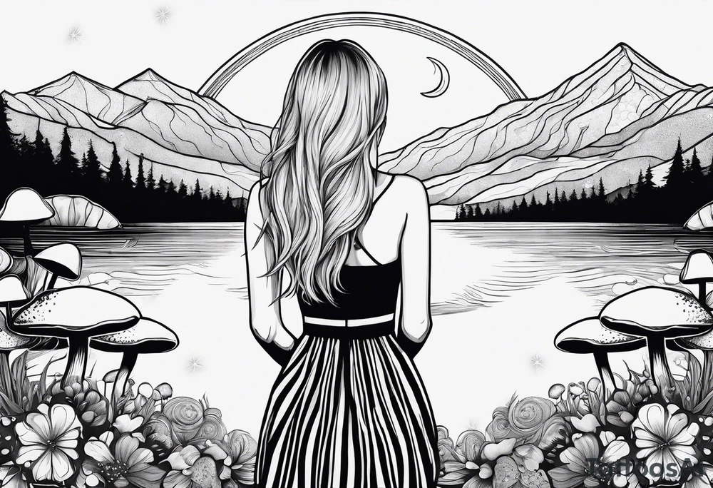 Straight blonde hair girl facing away toward mountains surrounded by mushrooms crescent moon mandala circular design black and white striped dress tattoo idea