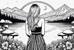 Straight blonde hair girl facing away toward mountains surrounded by mushrooms crescent moon mandala circular design black and white striped dress tattoo idea