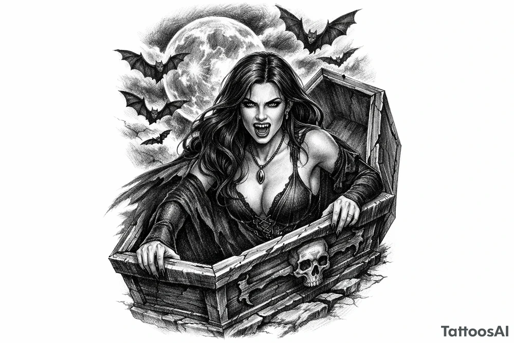 female vampire,bats,full moon,a coffin. tattoo idea