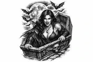 female vampire,bats,full moon,a coffin. tattoo idea