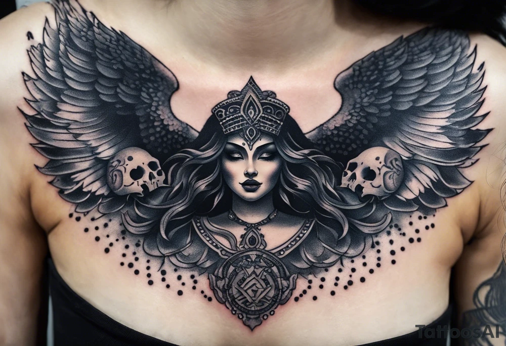 black kali, goddess pirate, alien, angel, pachamama, valkrye, warrior, flying, skull, lotus azul, wing, eagle, zenza resonance, stars, 5D, anahata chakra, death, durga, riding on a tiger, flying lady, chest tatoo tattoo idea