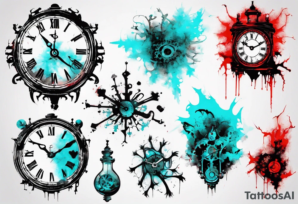 Xoil and Banksy art style, old clock, abstract,  cyan and red, acquarel, fractal, science, chaos, entropy,  cold tattoo idea