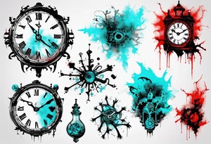 Xoil and Banksy art style, old clock, abstract,  cyan and red, acquarel, fractal, science, chaos, entropy,  cold tattoo idea