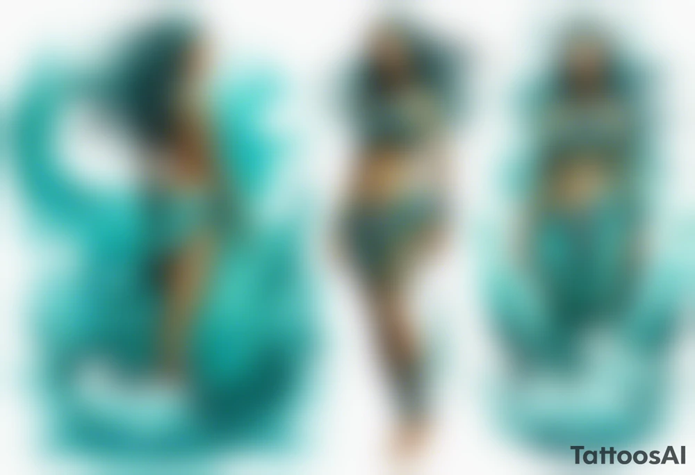 a turquoise Na'vi woman standing in the sea with water for legs surrounded by crashing waves tattoo idea