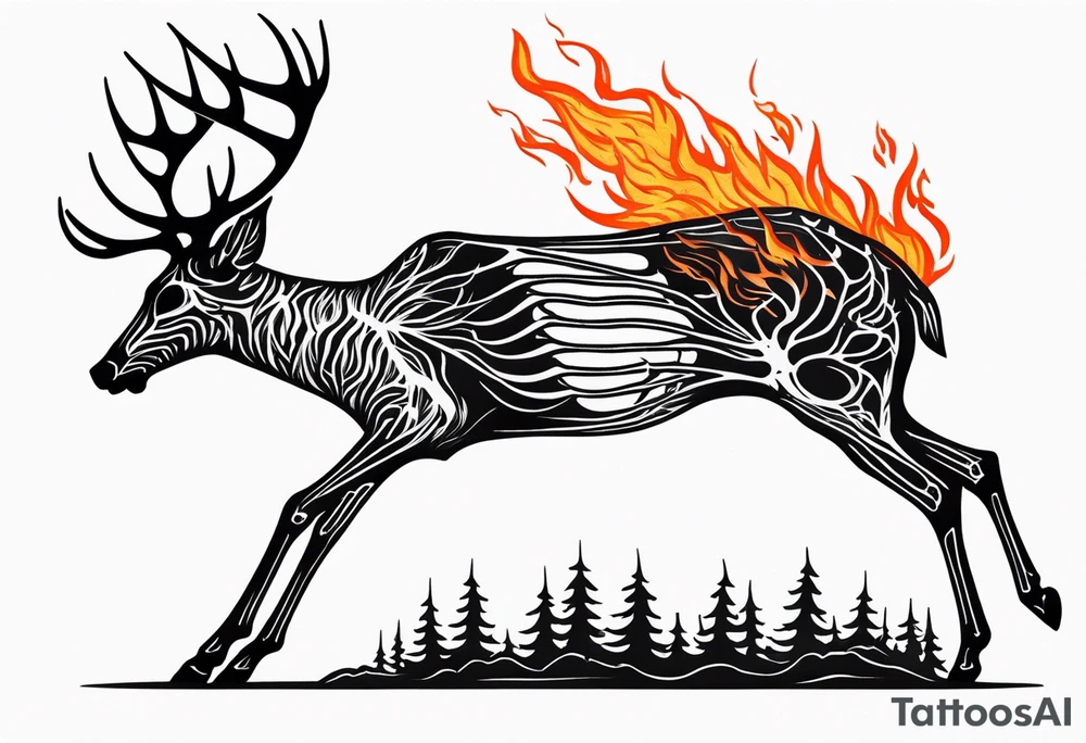 side view of a deer humanoid skeleton JUST BONE surrounded by a flames and trees tattoo idea